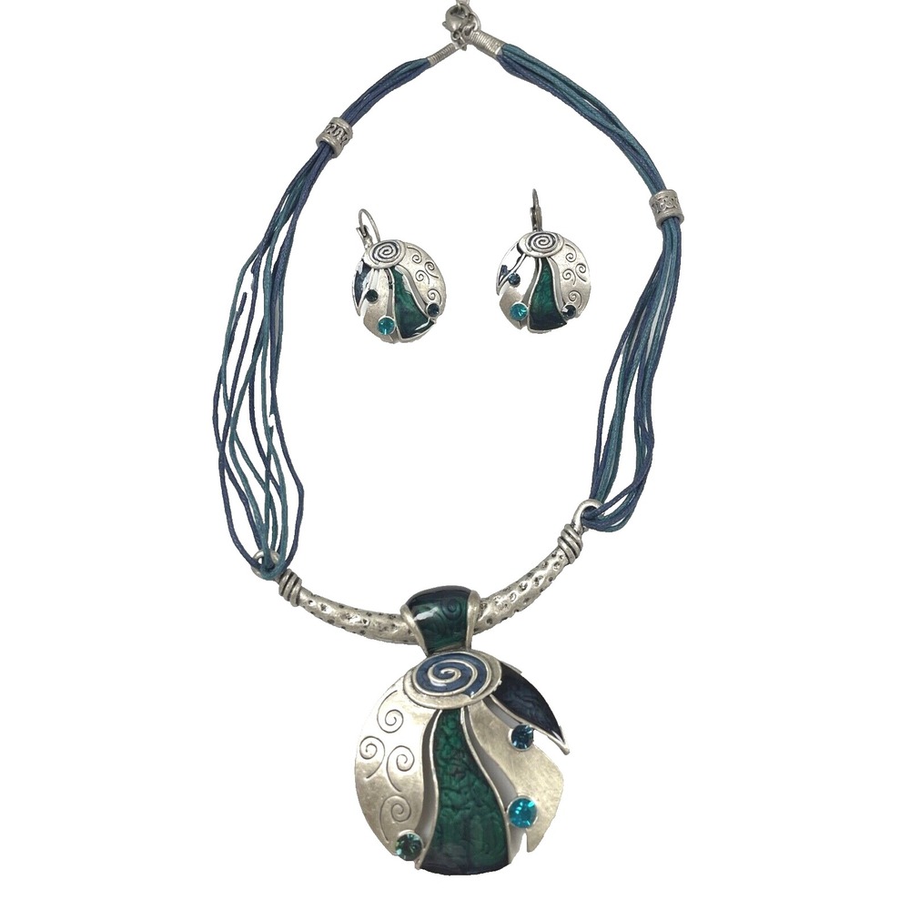 Concho Enamel Cord Necklace Earring Set Blue Silver Multi Strand Statement